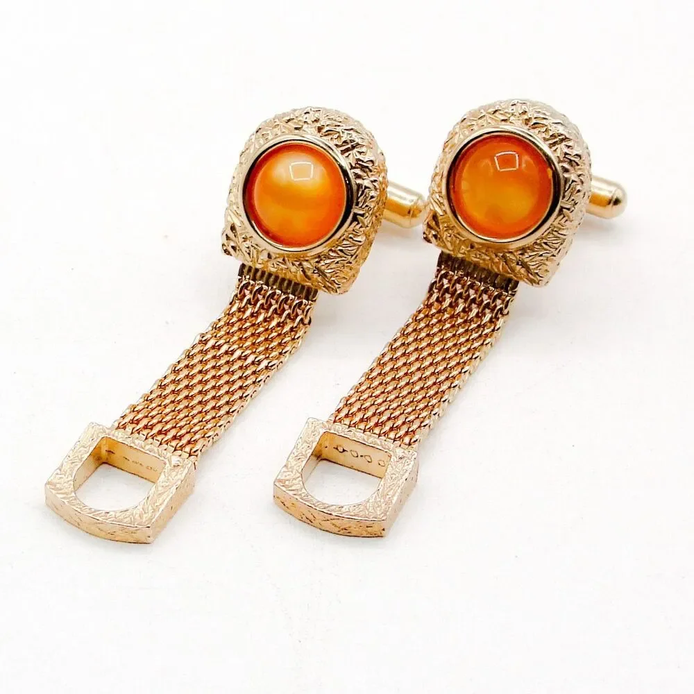 Vintage Swank Orange Moonglow Cabochon Gold Tone Mesh Wrap Around Cufflinks MCM